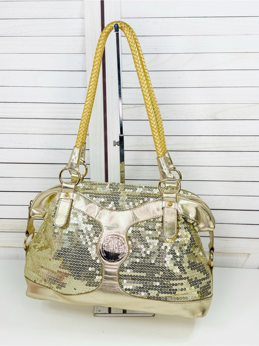 Hot In Hollywood Sequin Satchel Shoulder Bag Metallic Gold